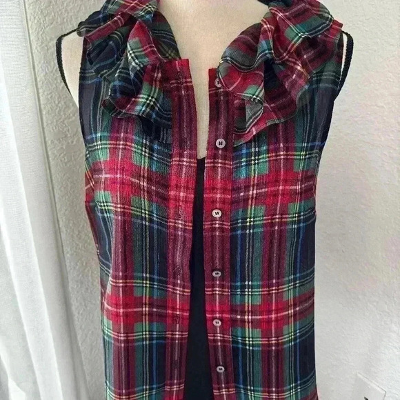 J. Crew Sleeveless ruffle-collar top in black Stewart tartan - Picture 3 of 11
